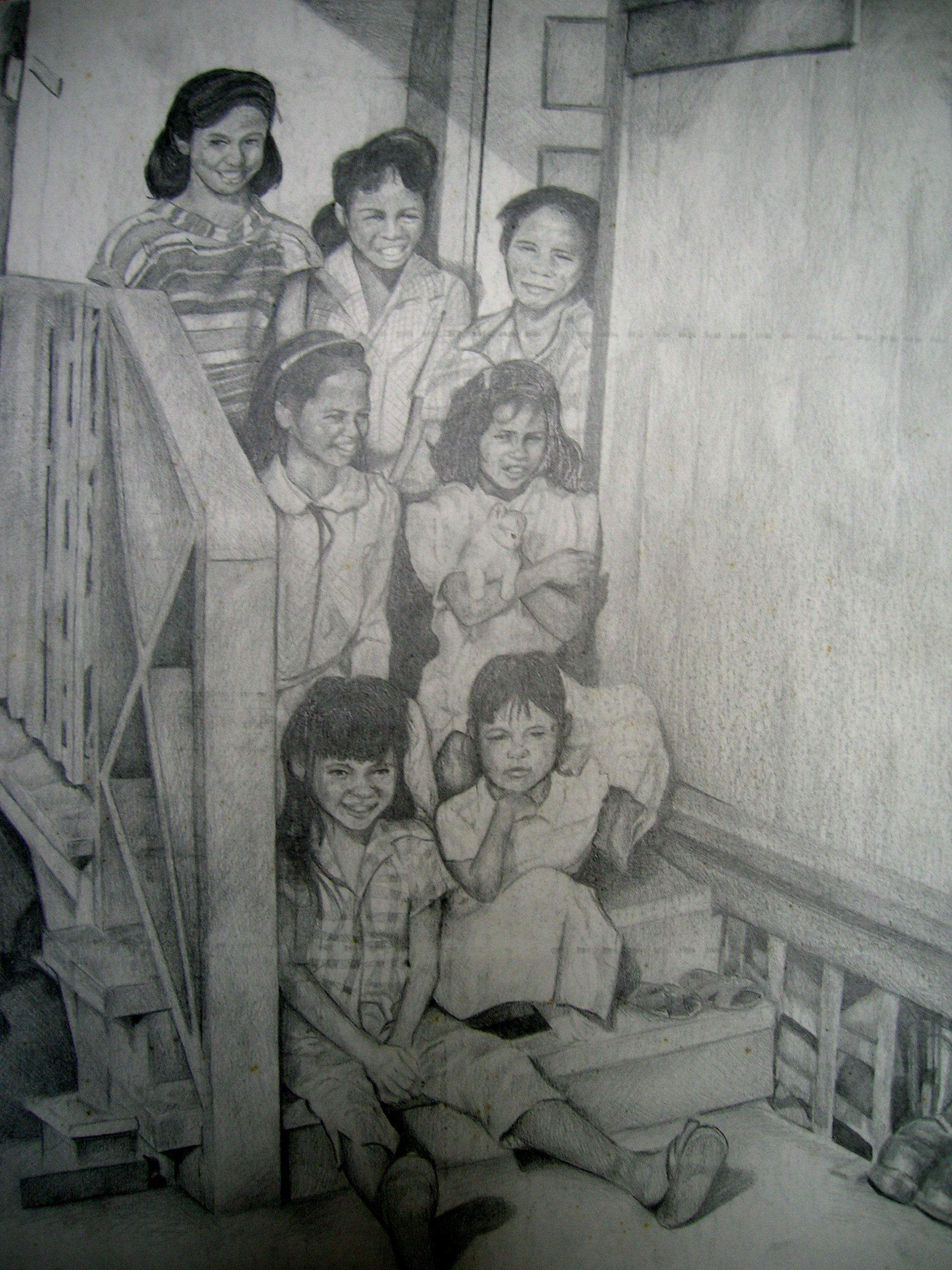 Pencil drawing by Lisa Ventura of family on porch steps in Lanai. Talking about details.